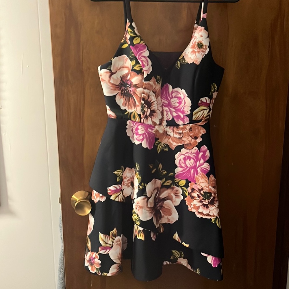 Navy blue floral dress, thin straps, built in cups